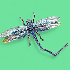 CRYSTAL DRAGONFLY convertible Pendant or Brooch gunmetal blue insect bug pin 4W - Picture 1 of 9