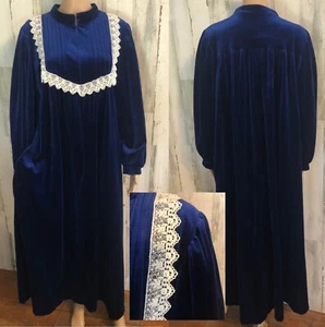 vtg KOMAR Long Modest Velour Robe L/XL Blue 1/4 Zip Lace Trim Pockets - Picture 1 of 13