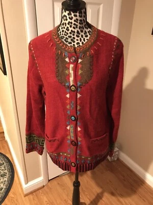 Cárdigan Suéter Diseño Islandés Rojo Bordado Forrado con Cuentas Talla Mediana YC Foto 1 de 4