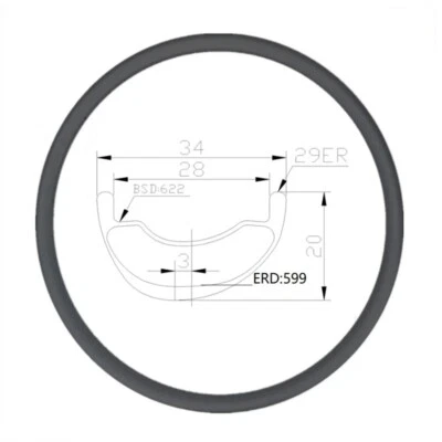 29er山地自行车碳纤维轮辋不对称无内胎自行车车轮20x34毫米 — 第 1/4 张图片