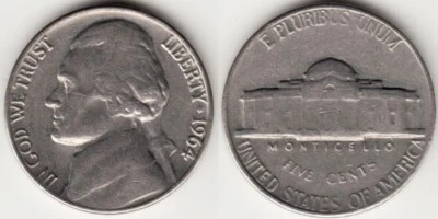 USA Jefferson FIVE CENTS 1964 aXF Nickel Coin ERROR No Mint Mark + Faded Letters - Image 1 of 3