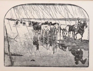 Wilhelm Dohme Woodcut Mexican Gauchos & Horse Herd Rain Woodblock Print - Picture 1 of 20