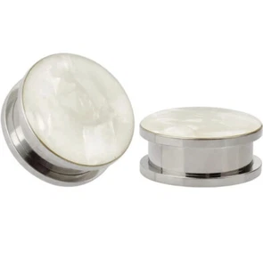 KUBOOZ White Sea Shell Opal Stainless Steel Screw Ear Plugs Tunnels Gauges 8mm - Picture 1 of 6