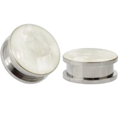 KUBOOZ White Sea Shell Opal Stainless Steel Screw Ear Plugs Tunnels Gauges 8mm - Image 1 of 4