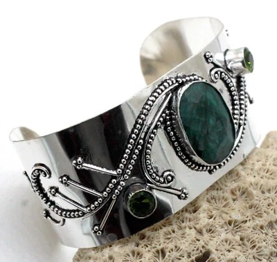 925 Sterling Silver Green Ruby & Peridot Gemstone Jewelry Cuff Bracelet S-ADJ" - Image 1 of 4