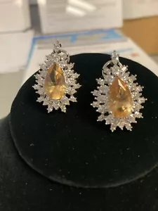 1 1/4” Long Natural Citrine Quartz Pierced Earrings 925 Sterling Silver Dazzling - Picture 1 of 4
