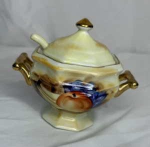 Vintage Enesco Sugar Condiment Bowl with Lid and Spoon, Fruit Gold Trim - Picture 1 of 9