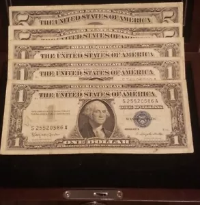 Lot Of 5 Bank Note,3 Silver Certified $1 Note 1957B,2 Red Seal$5 Note 1963 - Picture 1 of 14