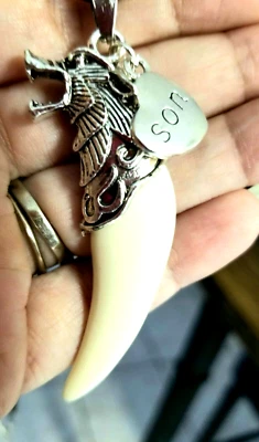 SON Necklace Wolf Fang Men's Necklace Wolves Head & Tooth w/ Son Charm Son Gift - Image 1 of 2