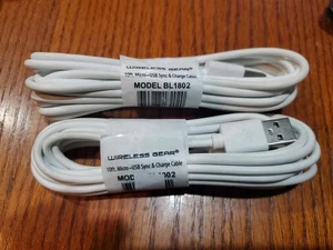 Wireless Gear 10 ft micro usb sync and charge cable. Model BL1802. SET OF 2 - Picture 1 of 7