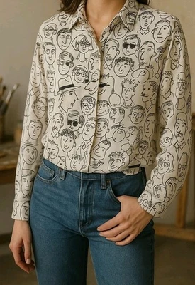 Camisa vintage años 90 Le Caviar con estampado de caras abotonadas para mujer línea gráfica grande  Foto 1 de 4
