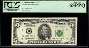 1995 $5 FRN ST. LOUIS. FR: 1985-H PCGS Graded: 65 PPQ. FANCY, LUCKY QUAD 8s S/N. - Picture 1 of 2