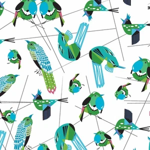 BIRD WATCH ~ Bird Haven on White ~ Benartex ~ Mid Century Modern Style ~Abstract - Picture 1 of 2