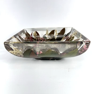 RICCARDO MARZI Cuenco Acrílico Cuadrado Floral Seco Lucite ~ Hecho en Italia LEER Foto 1 de 4