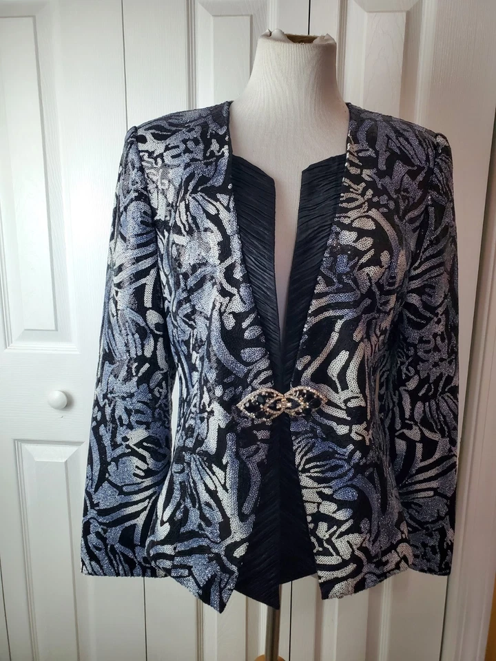 Blazer de noche formal secuenciado Nina Massini azul negro talla 8 Foto 1 de 4