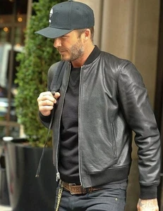 Herren David Beckham schwarze Echtleder Bomberjacke schneller Versand - Bild 1 von 4