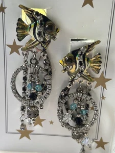 Lunch at The Ritz Tropical Fish "Angle Loops" Crystal Dangle Post Earrings - Picture 1 of 2