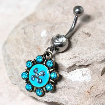 316L Surgical Steel Navel Ring with Turquoise Nautical Sunburst Dangle - Image 1 of 3