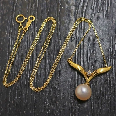 MIKIMOTO K18YG Yellow Gold Diamond & Pearl Charm Necklace Pendant #963c Rise-on - Image 1 of 4