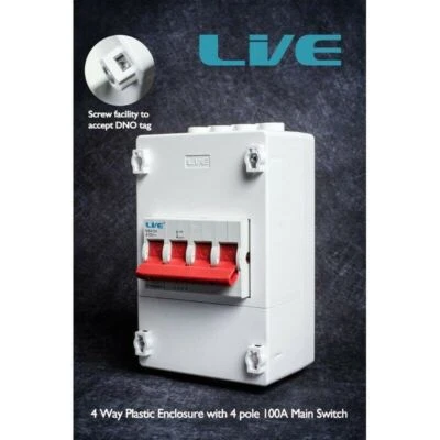 LIVE ELECTRICAL 100A 4 Pole Screw Terminal Mains Switch Meter Supply Isolator Twin screw For Tag
