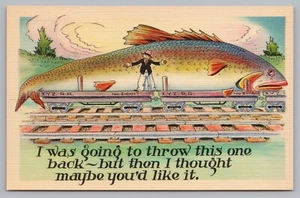 Postcard I Was Going to Throw This One Back Exaggeration Tall Tale Fish Story - Picture 1 of 2
