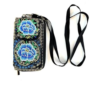Boho Embroidered Crossbody Bag, Blue Rose Peony Wallet Purse - Picture 1 of 8