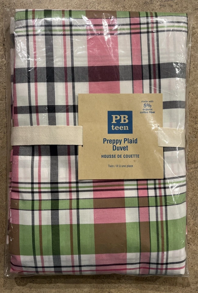 Funda nórdica Pottery Barn Teen Preppy a cuadros doble rosa/verde nueva en paquete Foto 1 de 4