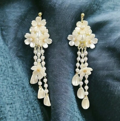 White Pearl Floral Earrings, Pearl Flower Drop Earrings, Long Tassel Earrings - Image 1 of 4