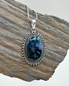 Handmade Moss Agate Precious Gemstone German Silver Necklace Oval Setting NWT! - Picture 1 of 8