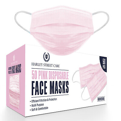 50/100/500 Pink Face Mask 3-Ply Breathable Disposable Non Surgical /Medical UK • 5.49£
