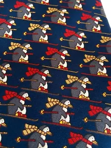 Mens Silk Necktie Penguins Skiing Navy Blue Italy Winter Jonelle EUC 61" x 3 7/8 - Picture 1 of 6