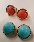 Vintage Posh Two pairs of 80s Goldtone and Clip On Earrings Coral Turquoise 