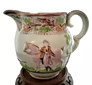 Antico Staffordshire, Ceramica Perlata Brocca Con Rosa Lustre Con Caccia Scene - Foto 1 di 12
