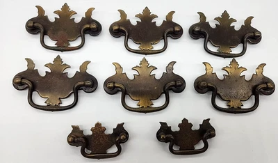 6 Chippendale Style Brass 3.75" Drawer Pulls 3" Center + 2 Smaller 2.5" - Image 1 of 4