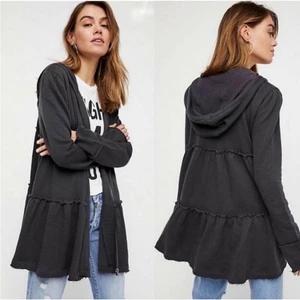 Free People Trapez Hoodie Stufen Full Zip Washed Sweatshirt Schwarz Gr. Medium - Bild 1 von 7