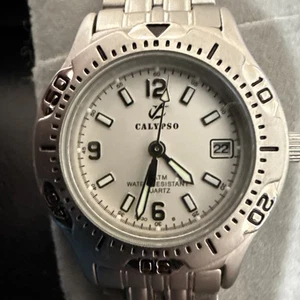 Vintage Calypso Watch Women Silver Twon White Dial Date 50M New Battery - Picture 1 of 18