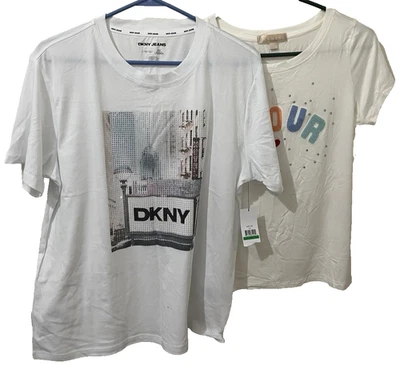DKNY Jeans Studded Women NYC Graphic Tee L White plus Extra Tee LG 'Amore' NEWWT - Image 1 of 4