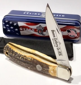 Queen USA Brown Burnt Stag Horn Handles Lockback Folding Pocket Knife QGSH106 - Picture 1 of 5