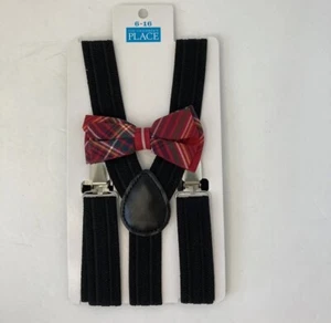 NWT The Children’s Place Boys 6-16 Red Plaid Bow Tie And Suspenders Set - Picture 1 of 2