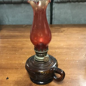 Vintage Orange Glass/Brass Oil Lamp 7-3/4” Tall - Made in Hong Kong - Picture 1 of 12