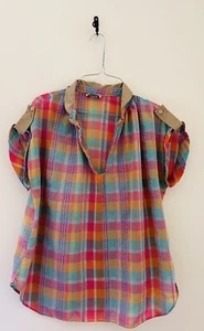 VTG  80s Oversized Short Sleeve Rainbow Plaid Cap Sleeve Lightweight Sz S Shirt - Picture 1 of 5
