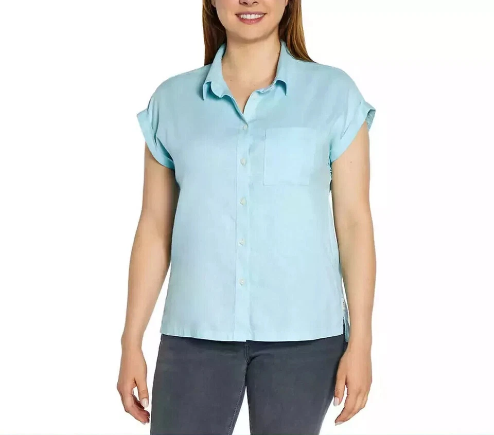 Orvis Women's Short Sleeve Linen Blend Button up Shirt Blue L