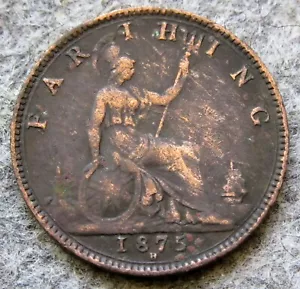 GREAT BRITAIN QUEEN VICTORIA 1875 H FARTHING SEATED BRITANNIA, BRONZE - Picture 1 of 6