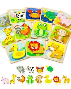 Wooden Puzzles Toddler Toys for 1 2 3 Year Old Boy Girl, 12 Packs Animal Todd... - Picture 1 of 6