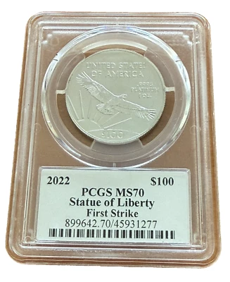 US 2022 Platinum 1 oz $100 PCGS MS70 Statue of Liberty Platinum Eagle - Image 1 of 2