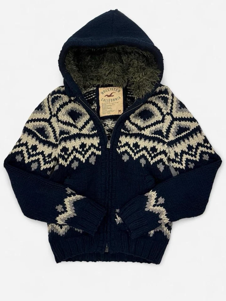 RARO Hollister Para hombres M Tejido Cremallera Sudadera con Capucha Suéter Forrado Sherpa Nordic Fair Isle Foto 1 de 4
