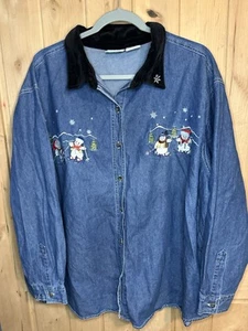 Vintage 90s Christmas Denim Shirt Embroidered Snowman Women's Size 24w - Picture 1 of 6