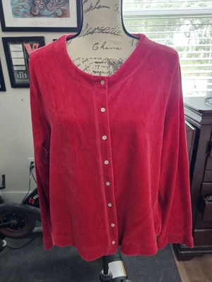 Women's XL (16/18) Red Velvety Long Sleeved Snap-Up Cardigan Style Top - Image 1 of 4