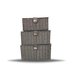 Storage Basket Hamper Resin Woven Grey Set of 3 Box With Lid & Lock 