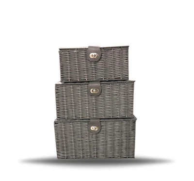 Storage Basket Hamper Resin Woven Grey Set of 3 Box With Lid & Lock  - Image 1 of 4